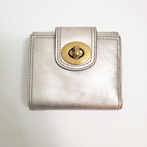 Coach Handbags - Coach Metallic Leather Bifold Wallet Gold Silver